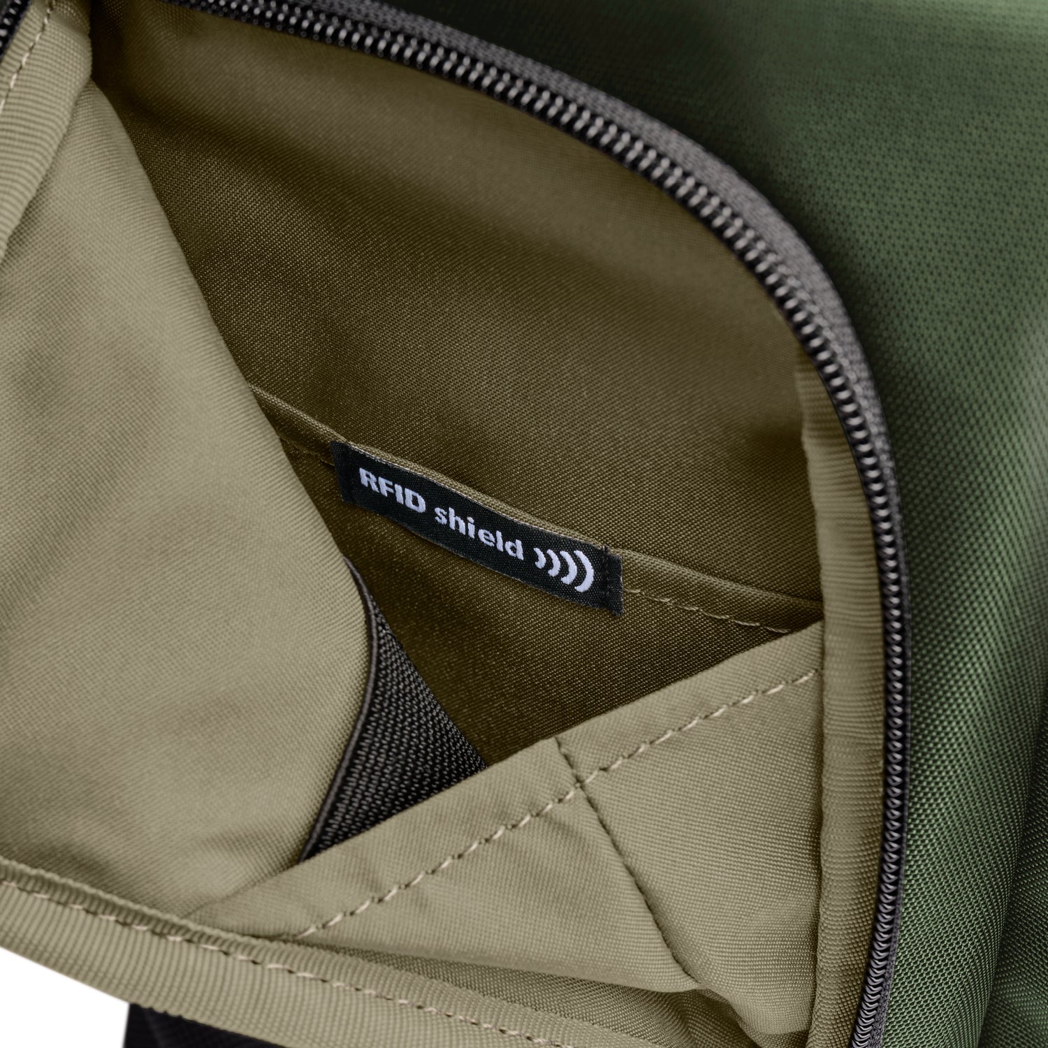 Briggs &amp; Riley Slim Expandable Backpack Forest RFID Pocket Close-up