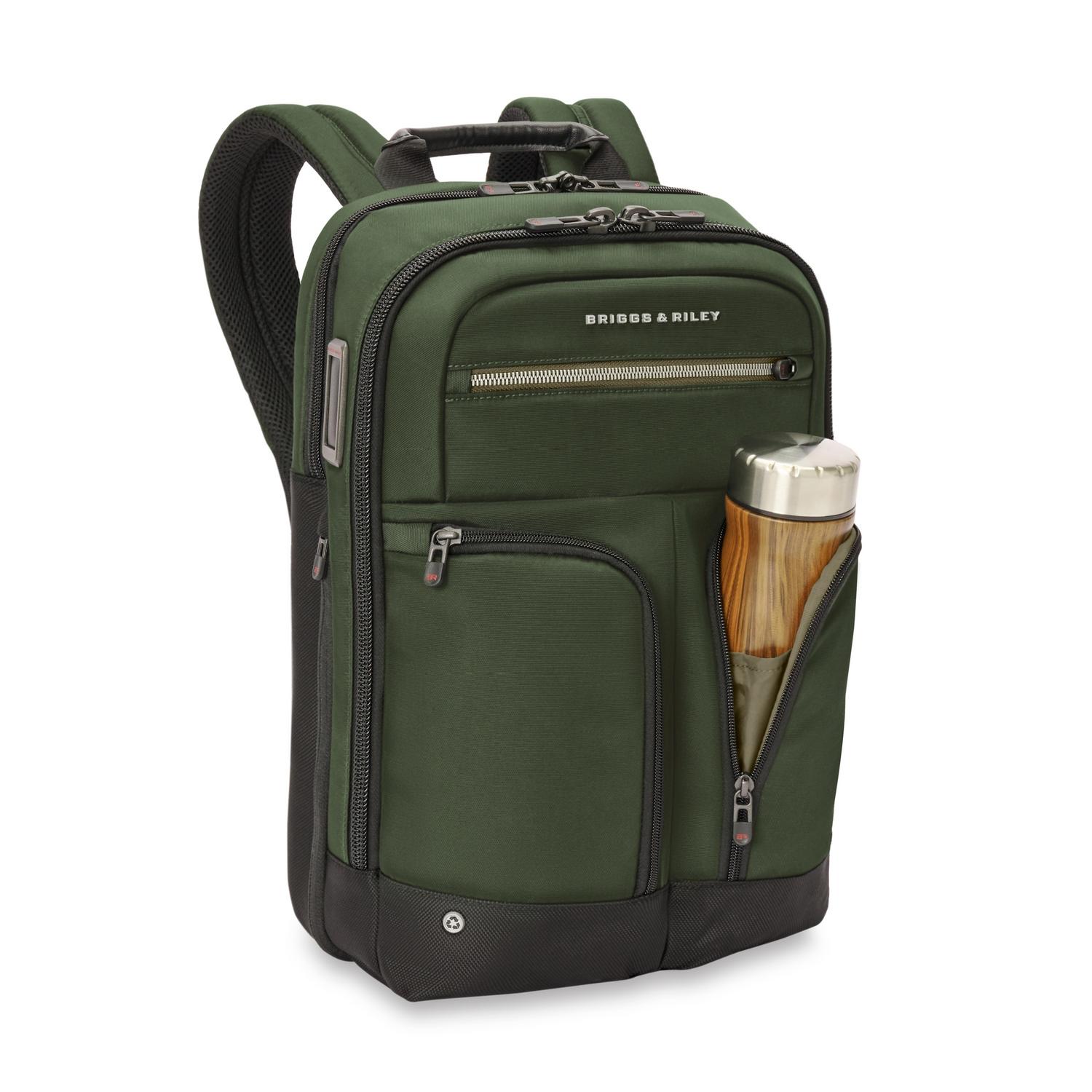 Briggs &amp; Riley Slim Expandable Backpack Forest Side View with Water Bottle