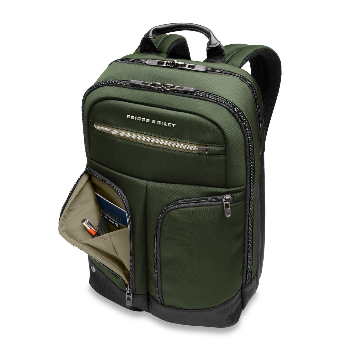 Briggs &amp; Riley Slim Expandable Backpack Forest Front Side View with Open Pocket