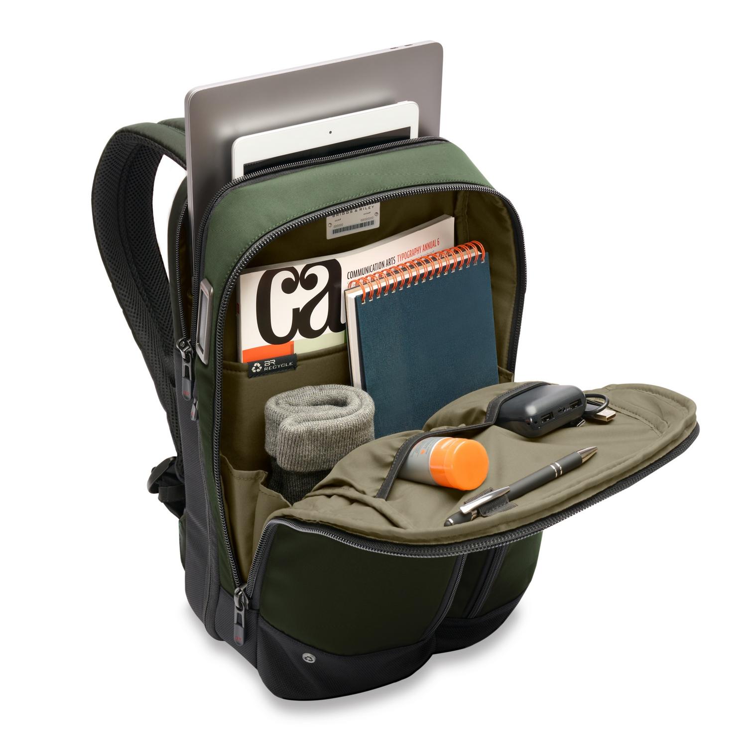 Briggs &amp; Riley Slim Expandable Backpack Forest Open Front View