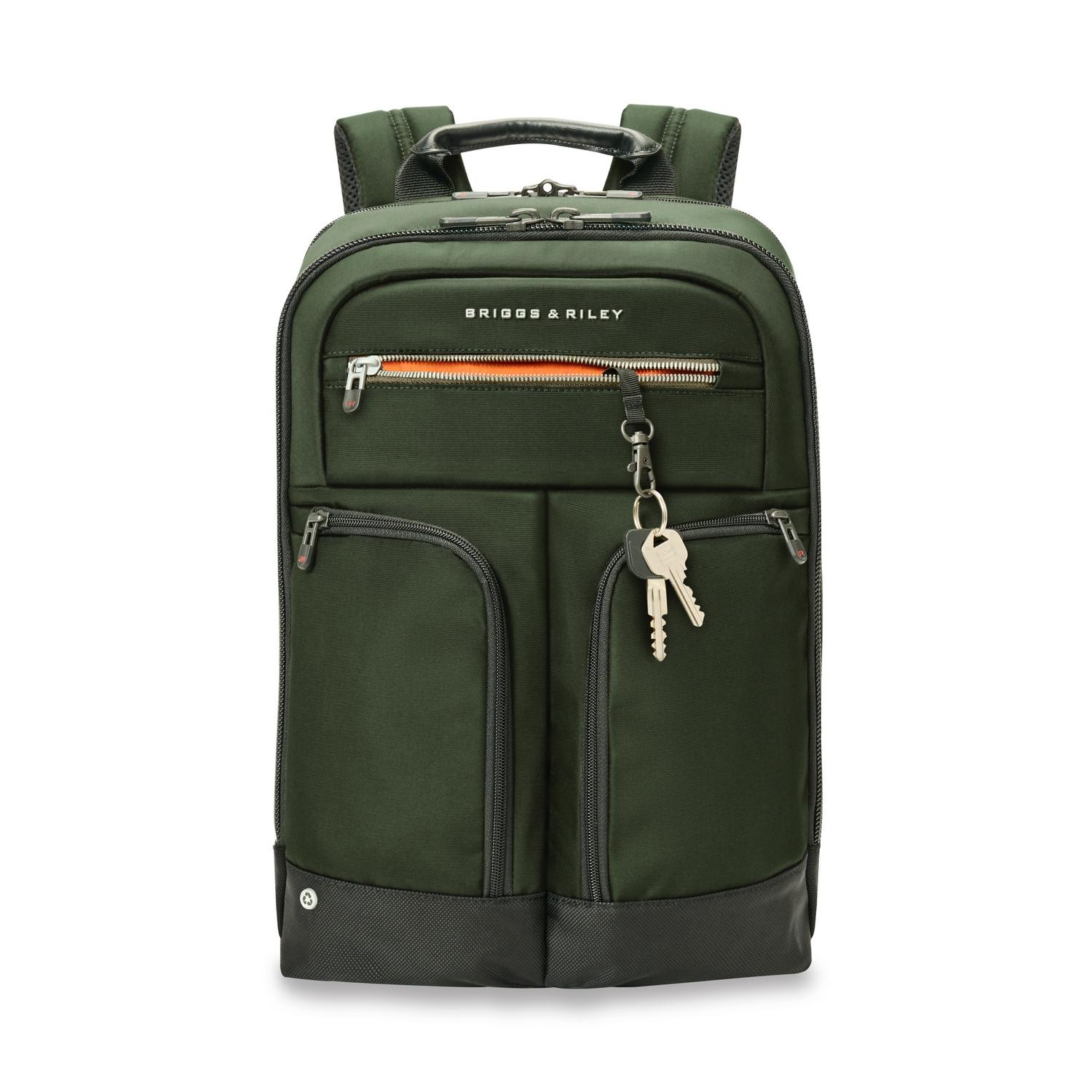 Briggs &amp; Riley Slim Expandable Backpack Forest Front View of Key Pocket
