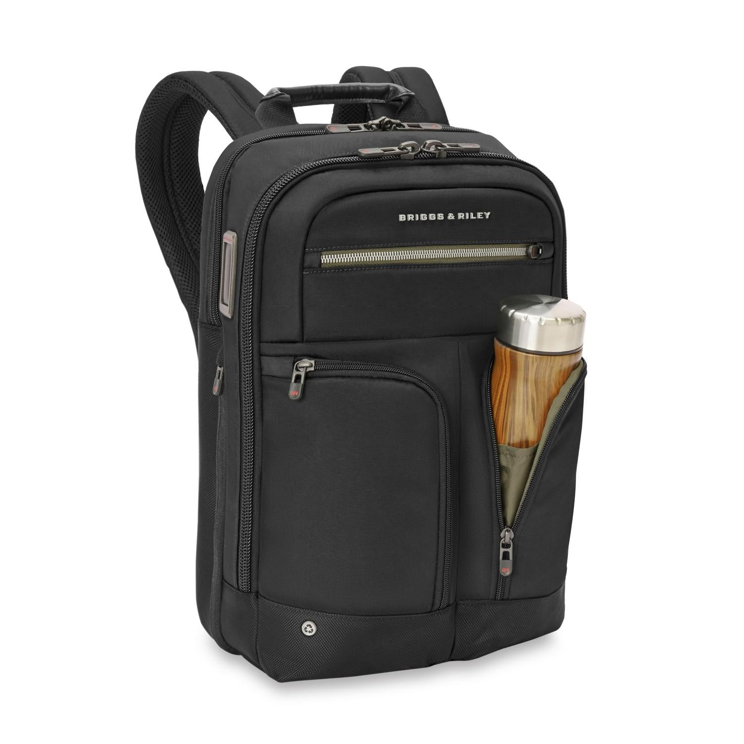 Briggs &amp; Riley Slim Expandable Backpack Black Side View with Water Bottle