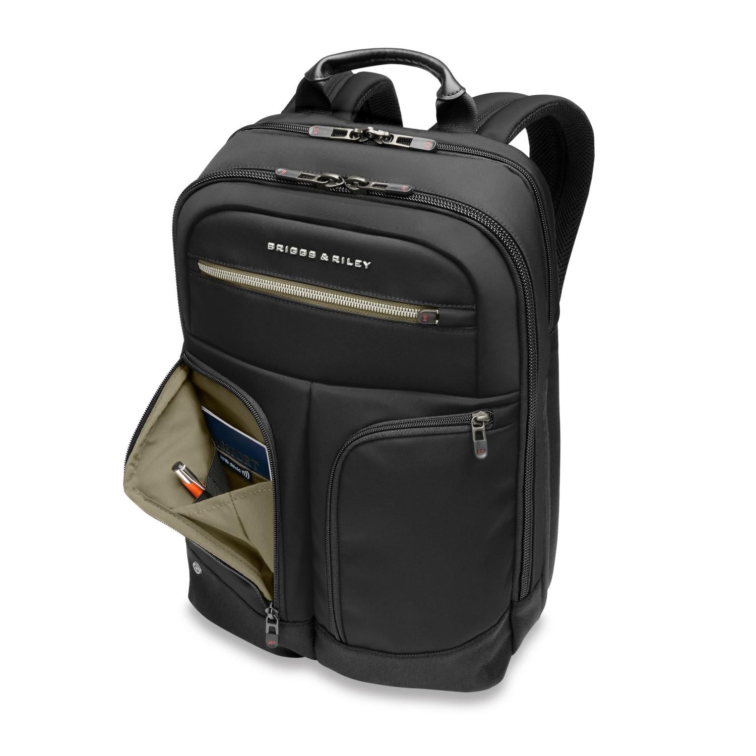 Briggs &amp; Riley Slim Expandable Backpack Black Front Side View with Open Pocket
