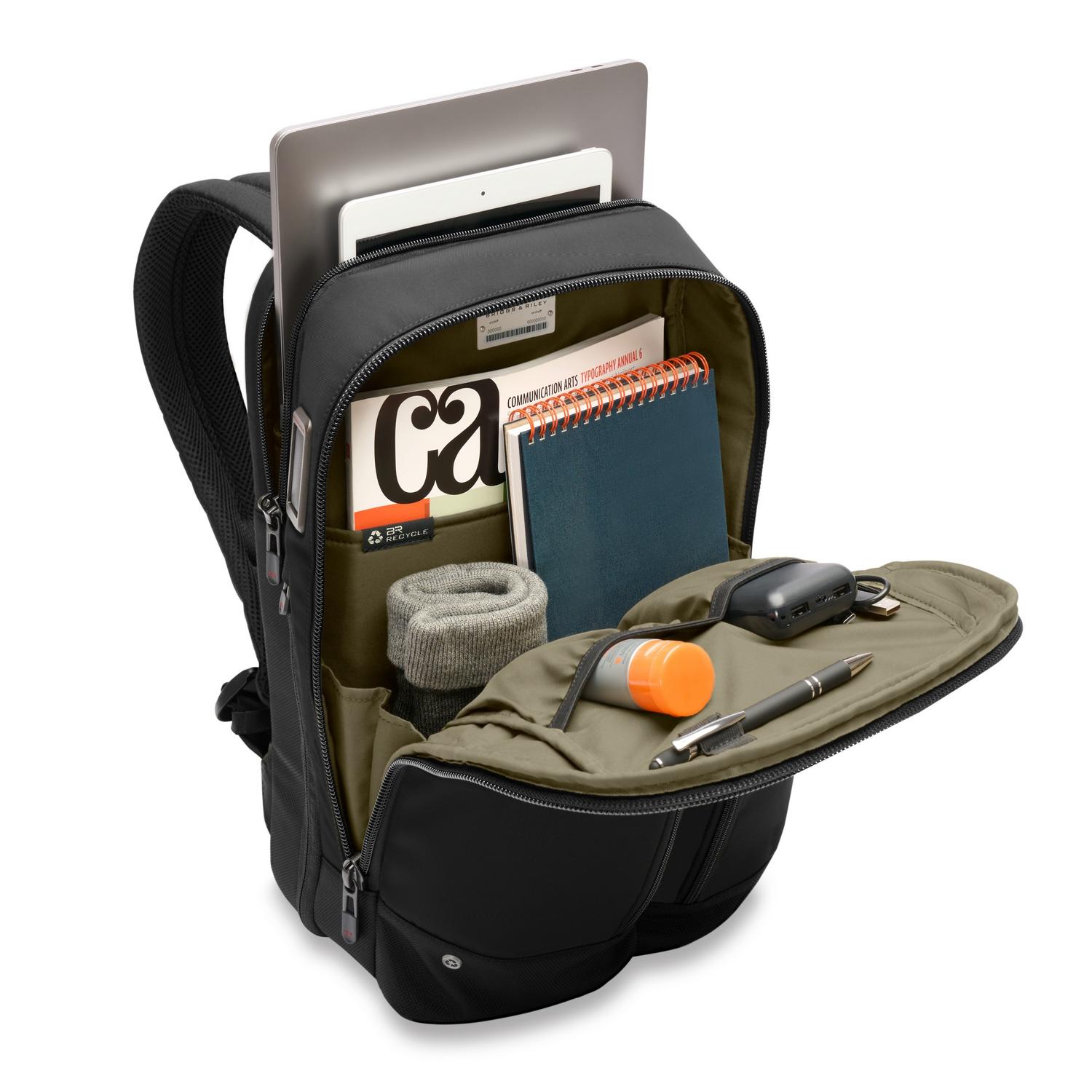 Briggs &amp; Riley Slim Expandable Backpack Black Open Front View