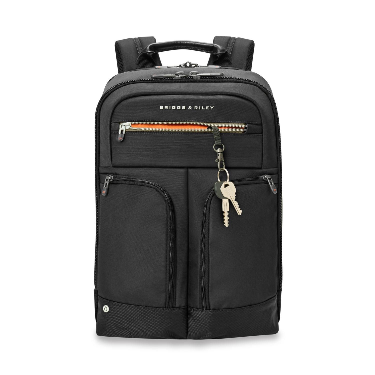 Briggs &amp; Riley Slim Expandable Backpack Black Front View of Key Pocket
