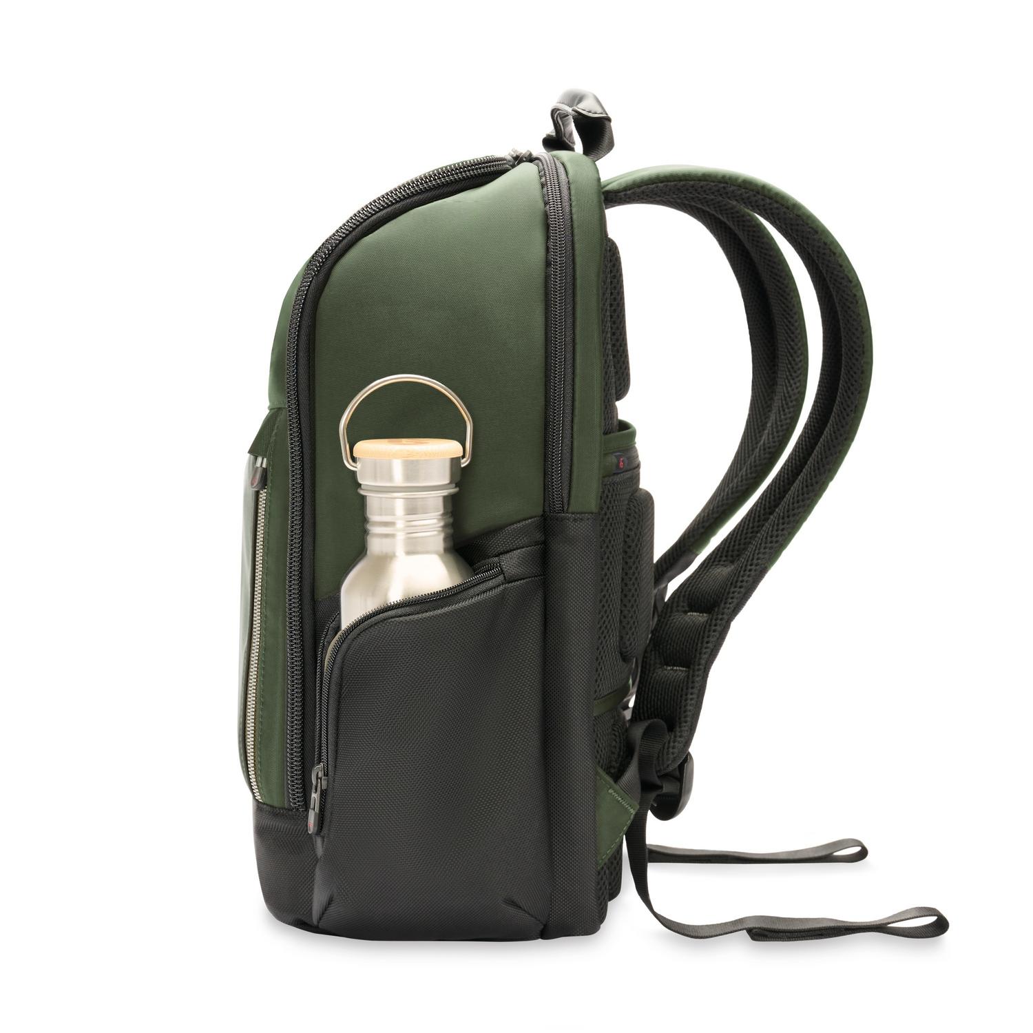 Briggs &amp; Riley Medium Widemouth Backpack Forest Side View of Water Bottle Pocket