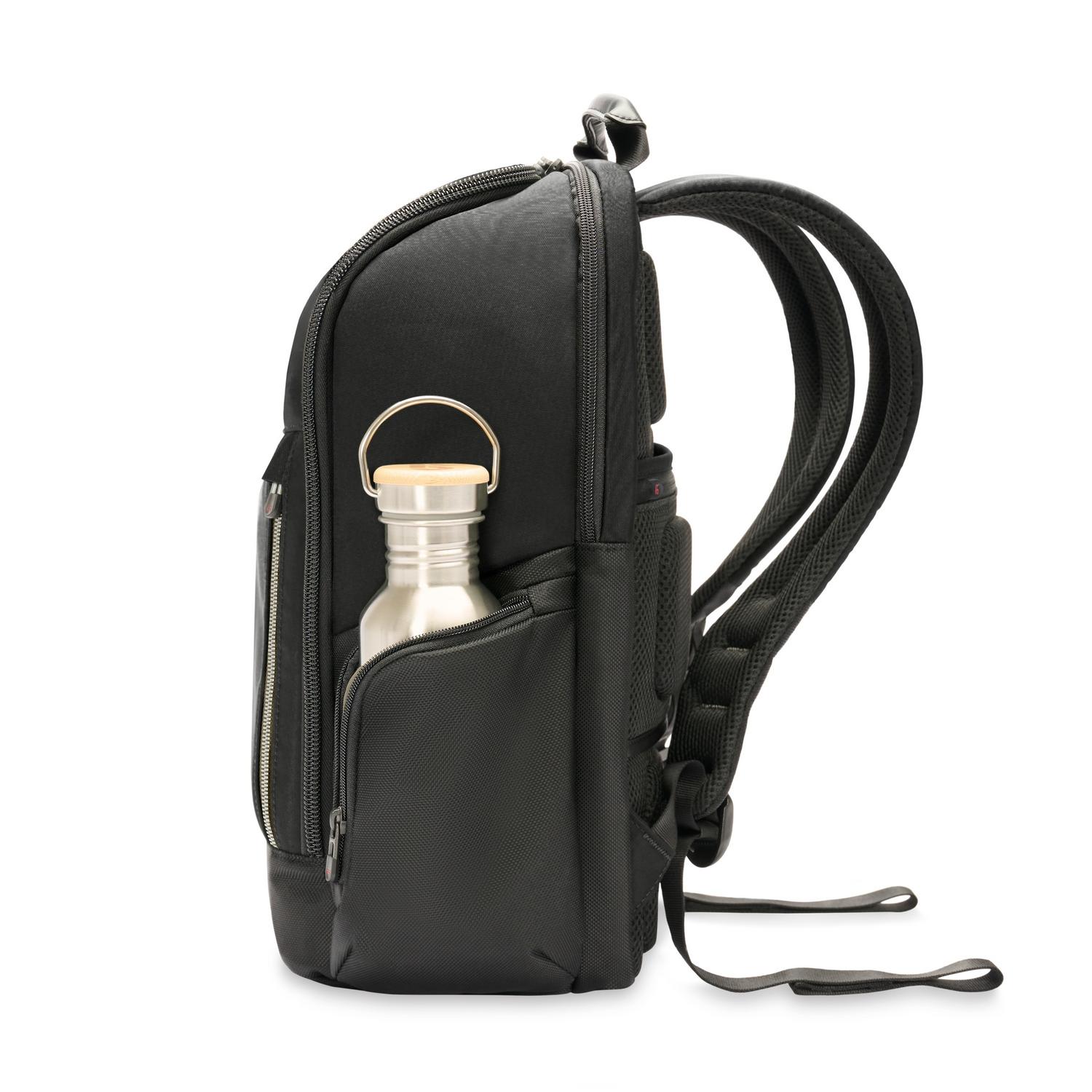 Briggs &amp; Riley Medium Widemouth Backpack Black Side View of Water Bottle Pocket