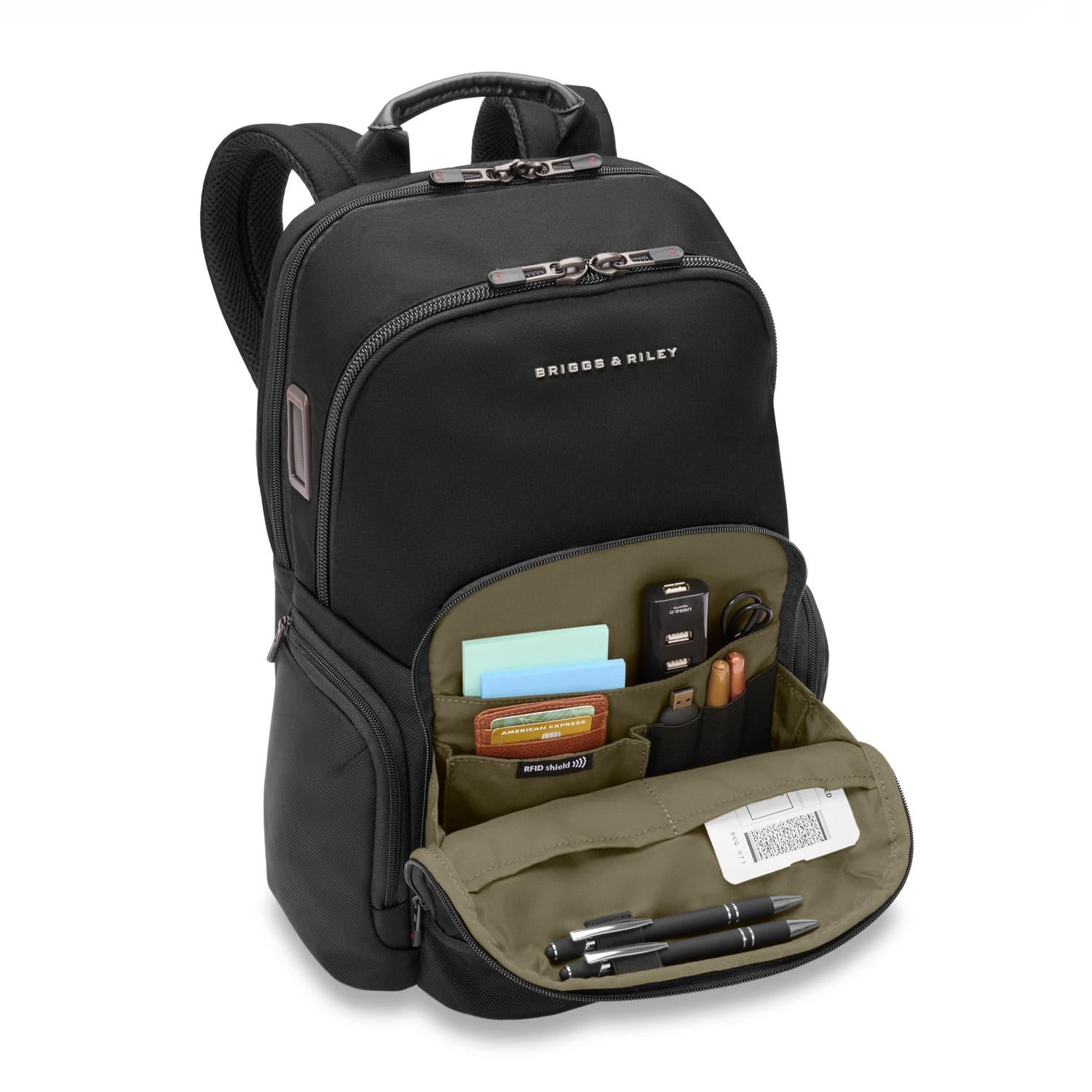 Briggs &amp; Riley Medium Cargo Backpack Black Front Pocket Open Side View