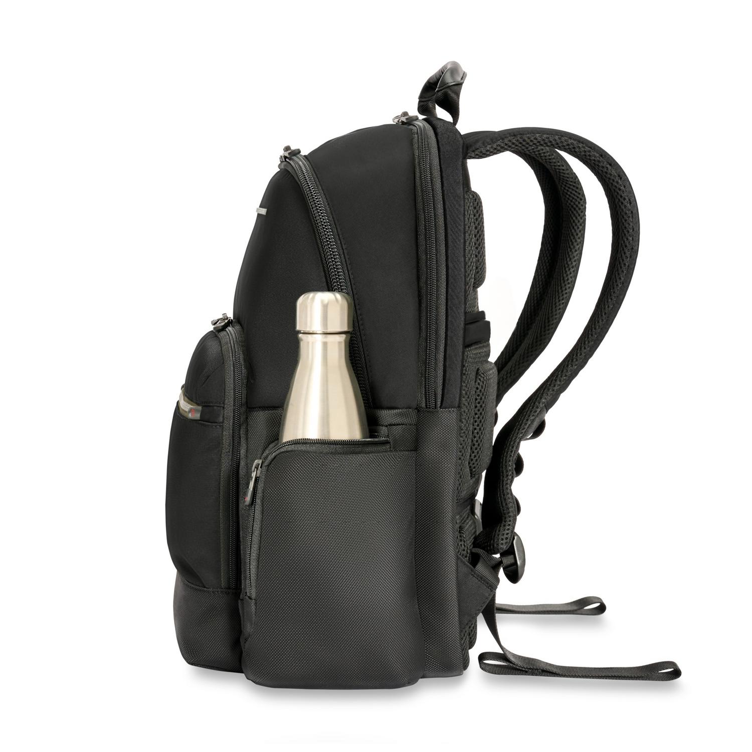 Briggs &amp; Riley Medium Cargo Backpack Black Side View of Water Bottle Pocket