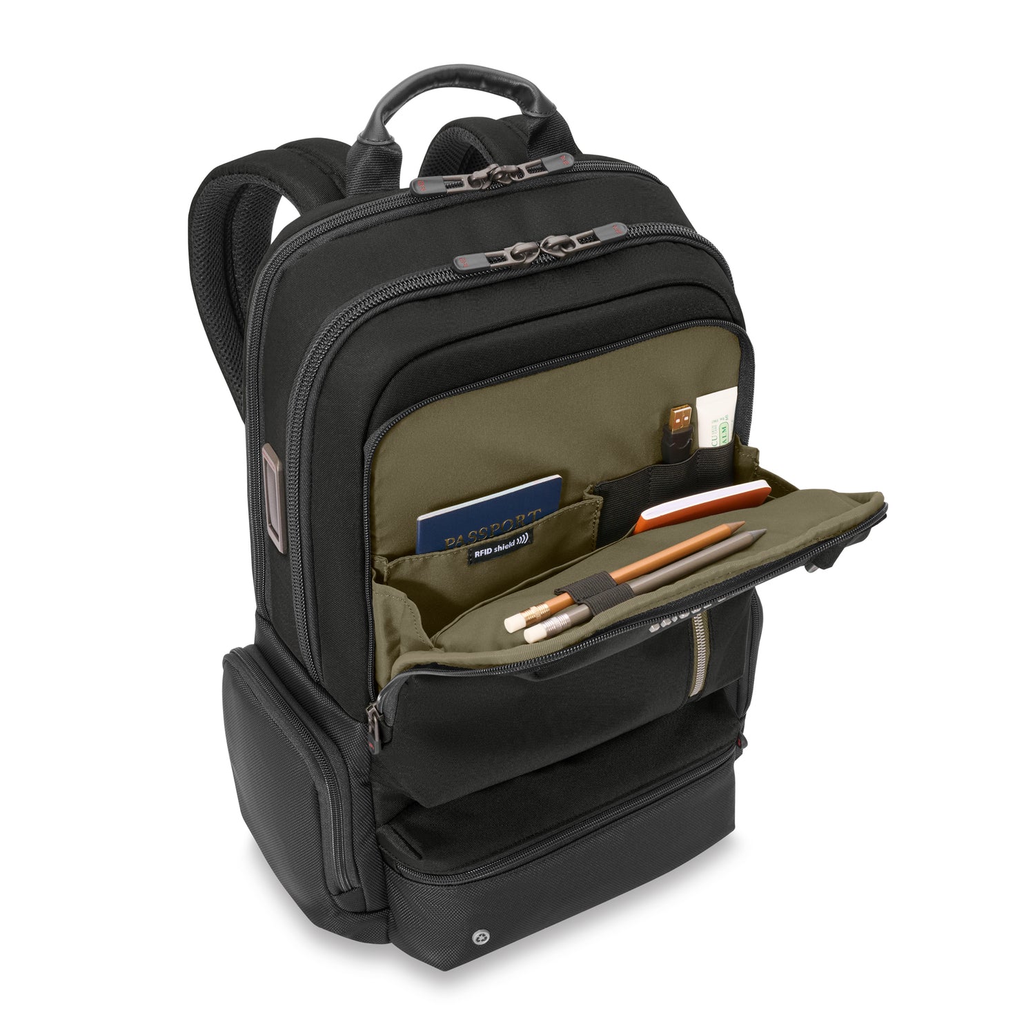Briggs &amp; Riley Large Cargo Backpack Black Front Pocket Open Side View