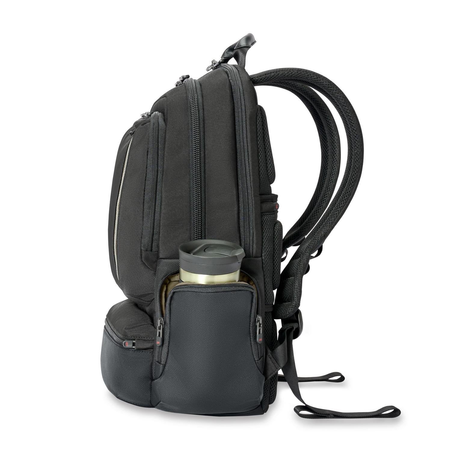 Briggs &amp; Riley Large Cargo Backpack Black Side View of Water Bottle Pocket