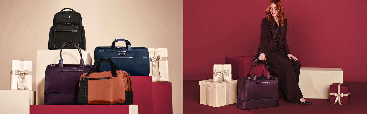 A fashion catalog split image showing multiple bags. The left panel displays a black backpack, a navy duffel, a purple shoulder bag, and a brown duffel bag arranged on gift boxes against a beige background.