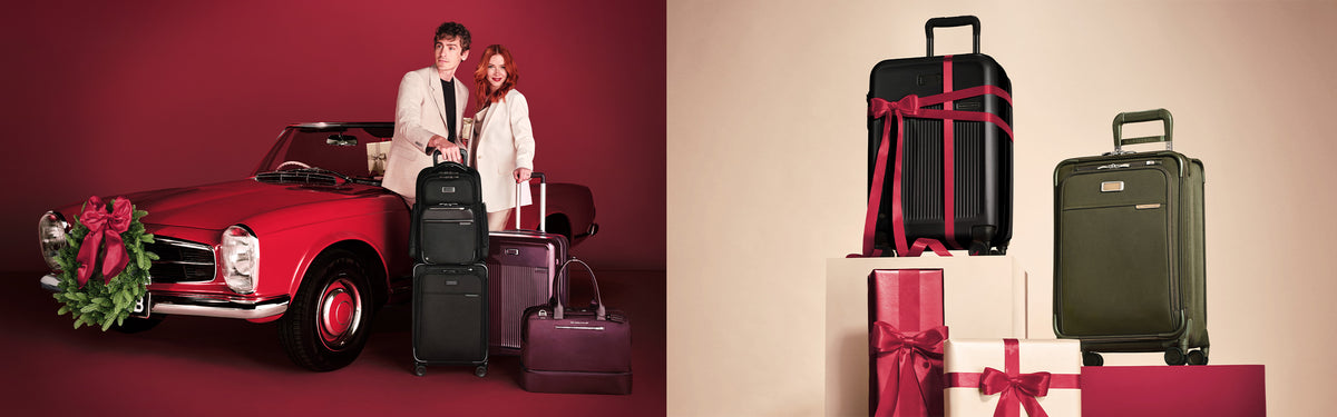 A split promotional scene showing travel luggage. The left side features a red vintage convertible car with a holiday wreath on the front, with two people standing beside several upright and rolling suitcases.