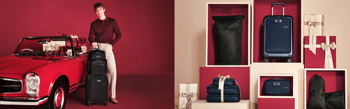 A split promotional scene showing a man standing beside a red vintage convertible and a black suitcase against a deep red backdrop, next to a shelving display of blue and black luggage with gift boxes.