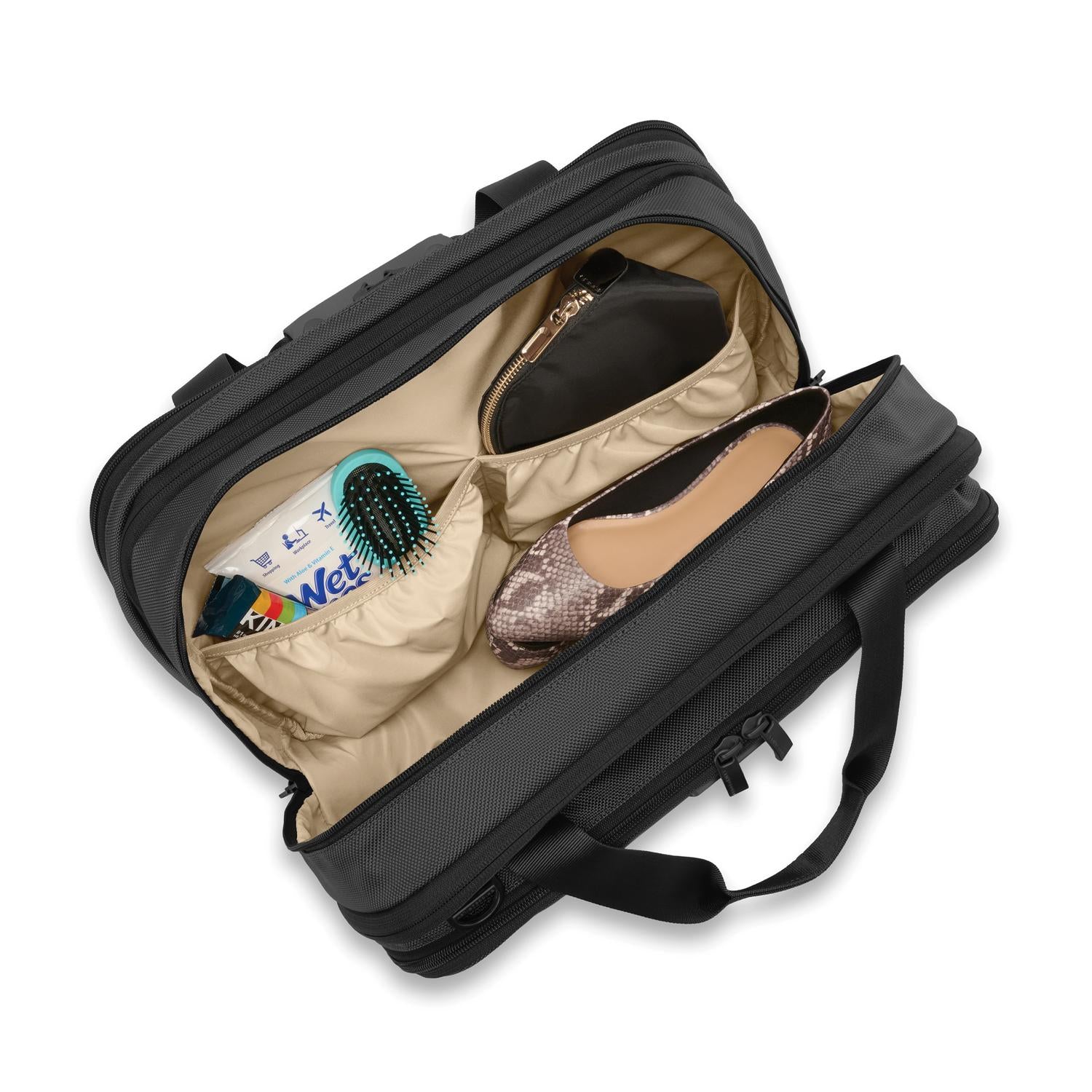 Briggs and Riley Expandable Cabin Bag Black Open showing packed pockets