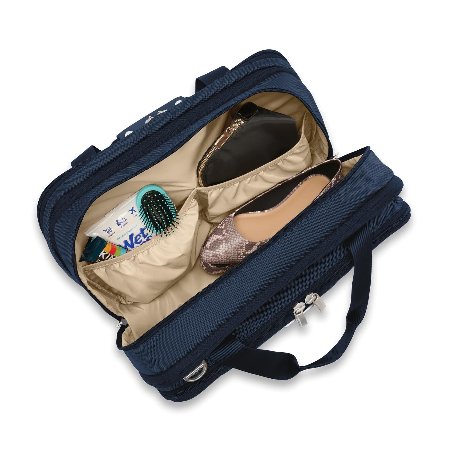 Briggs and Riley Expandable Cabin Bag Navy Open showing packed pockets
