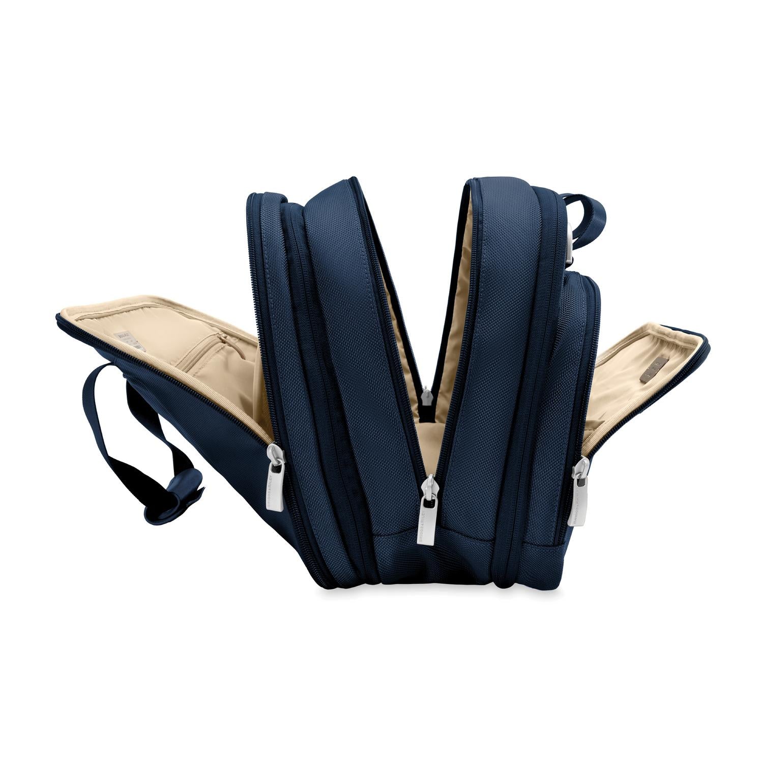 Briggs and Riley Expandable Cabin Bag Navy Open showing compartments