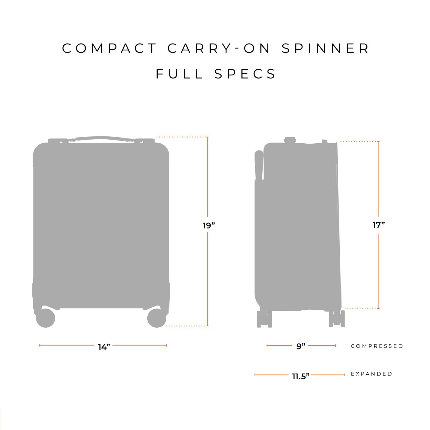 Briggs and Riley Compact Carry-On Spinner Full Specs, 14"x19"x9"(compressed) 11.5" (expanded)