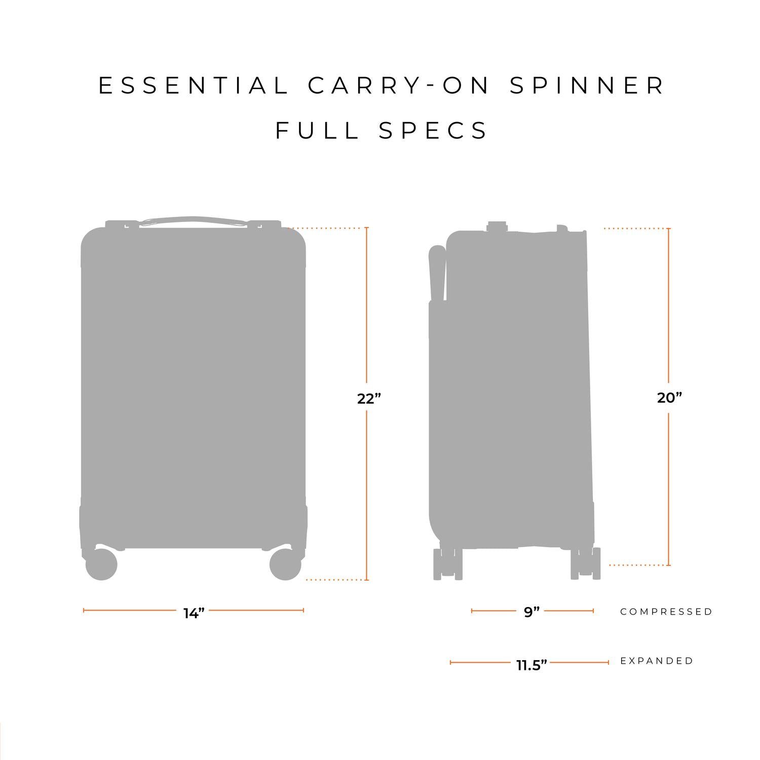 Briggs and Riley Essential Carry-On Spinner Full Specs 14"x22"x9" compressed or 11.5" expanded