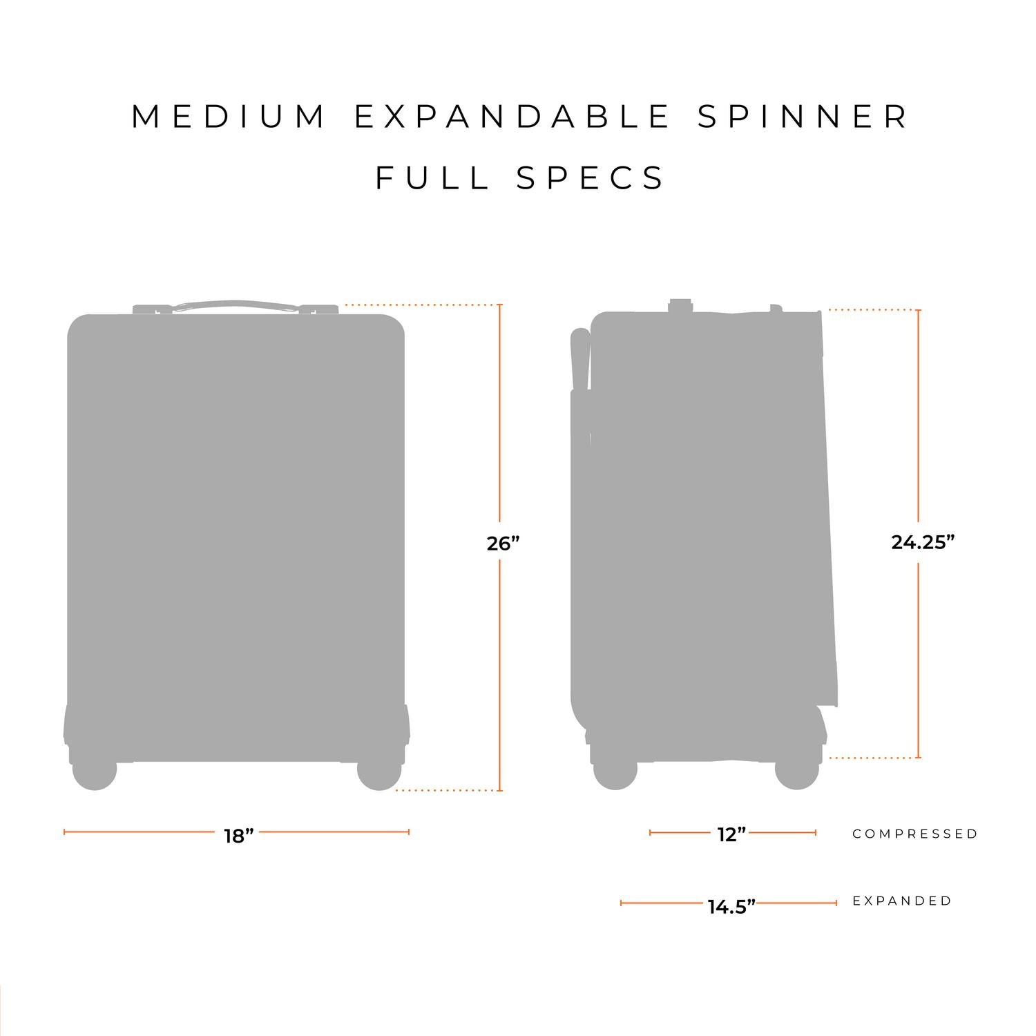 Briggs and Riley Medium Expandable Spinner Full Specs 18"x26"x12" compressed or 14.5" expanded