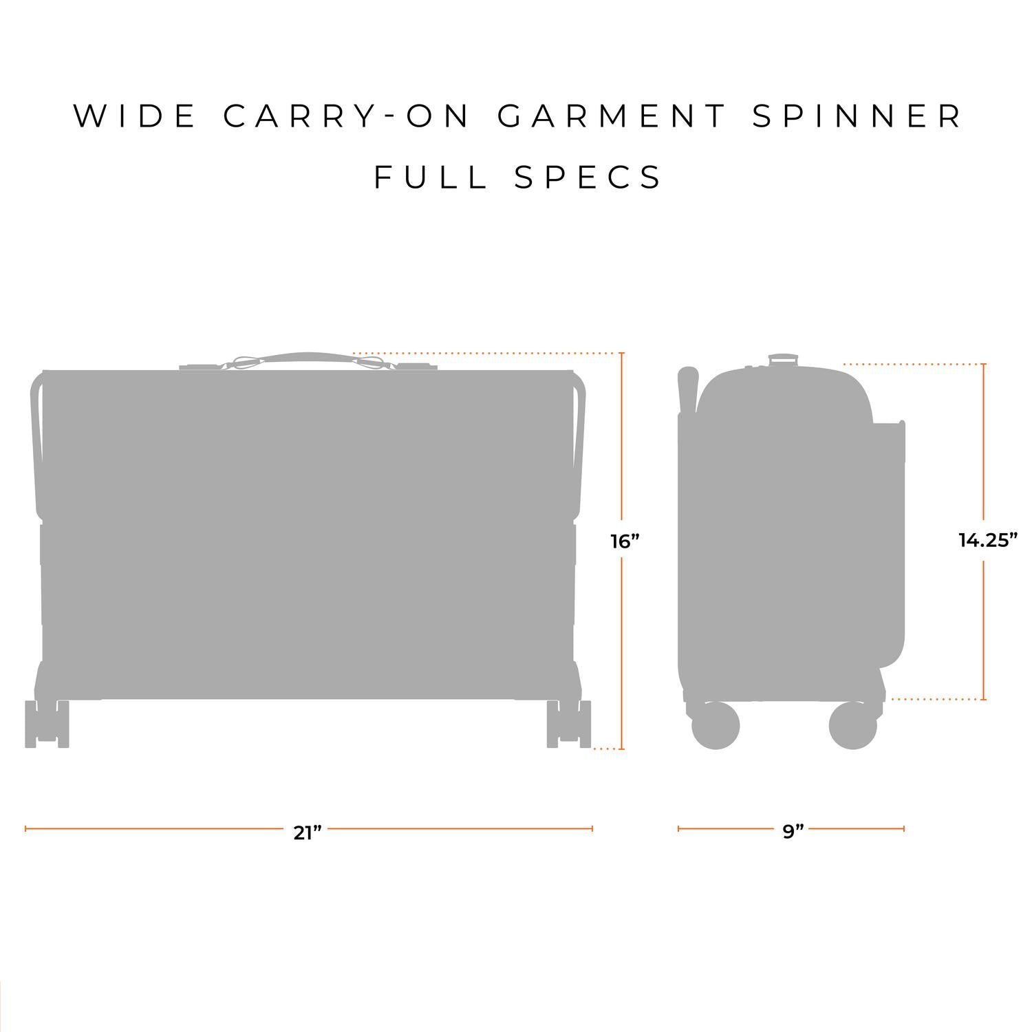 Briggs and Riley Wide Carry-On Wheeled Garment Spinner Full Specs 21"x16"9x14.25"