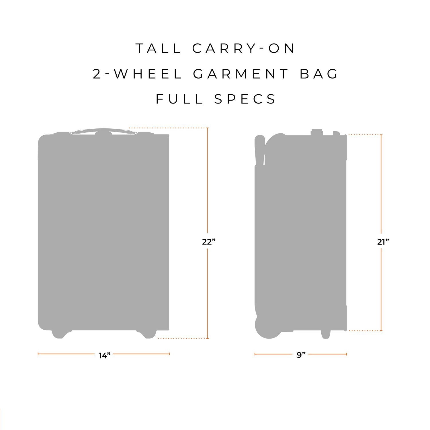 Briggs &amp; Riley Carry-on 2-Wheel Garment Bag Full Specs 14"x22"9"