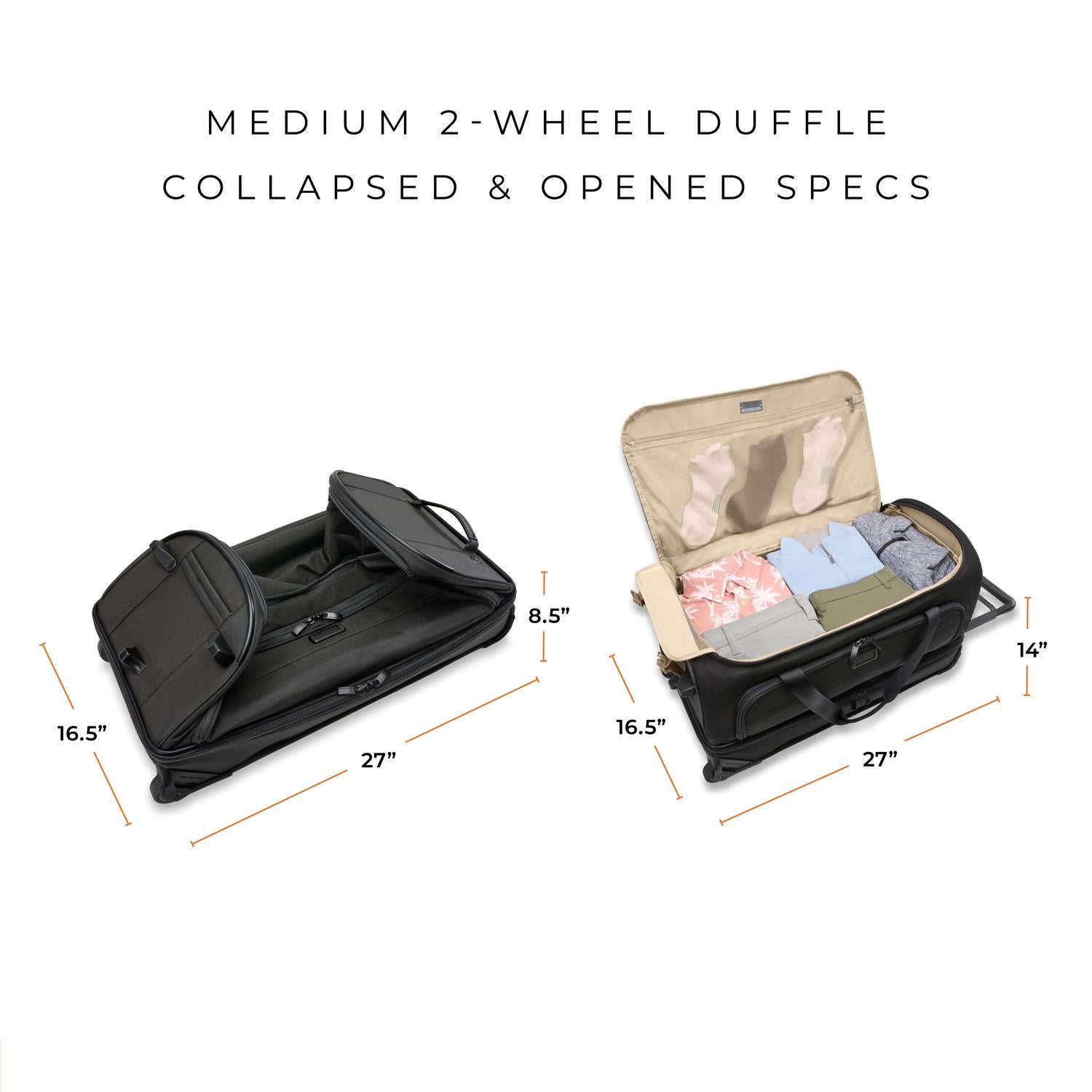 Briggs and Riley Medium Two-Wheel Duffle Collapsed &amp; Open Specs, 16.5"x27"x8.5", 16.5"x27"x14"
