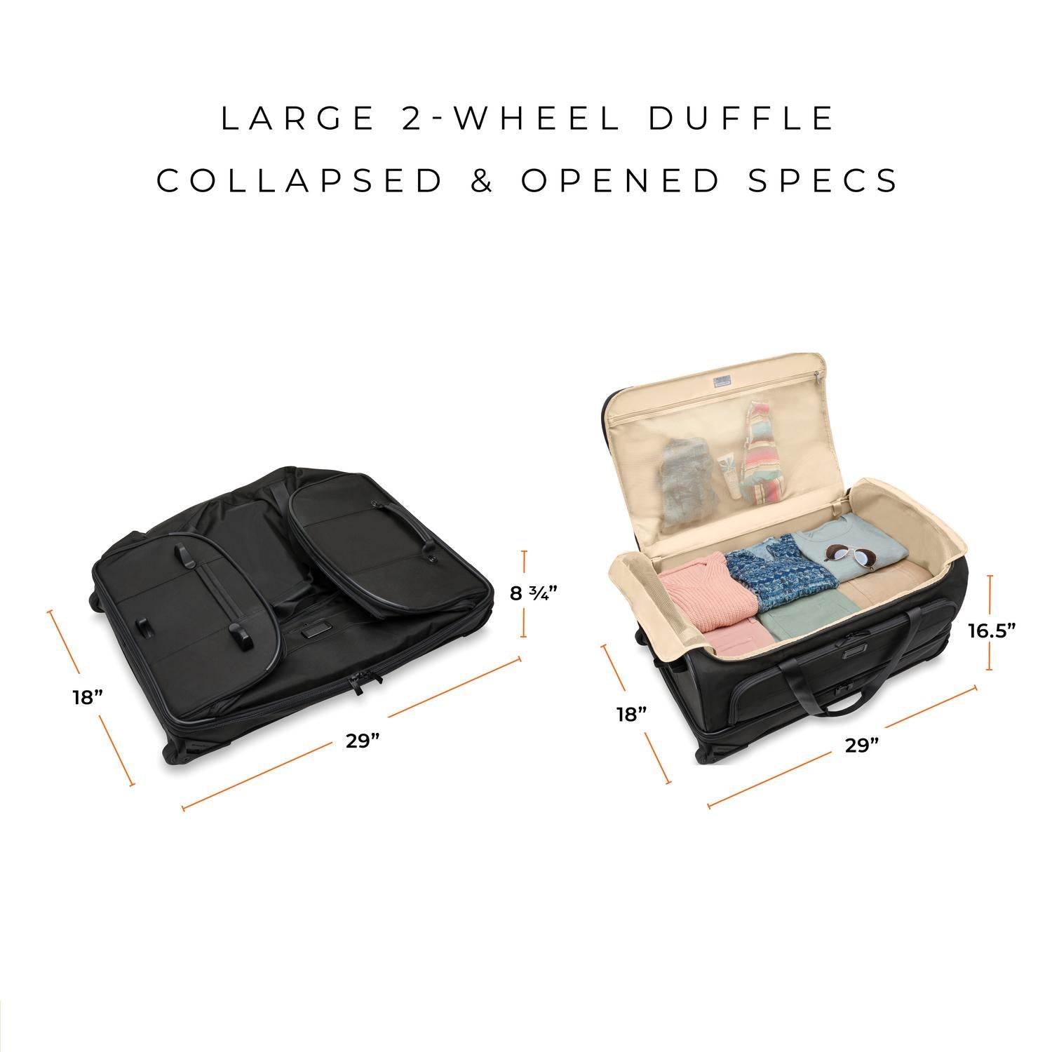 Briggs and Riley Large Two-Wheel Duffle Collapsed and Open Specs, 18"x29"x8 3/4", 18"x29"x16.5"