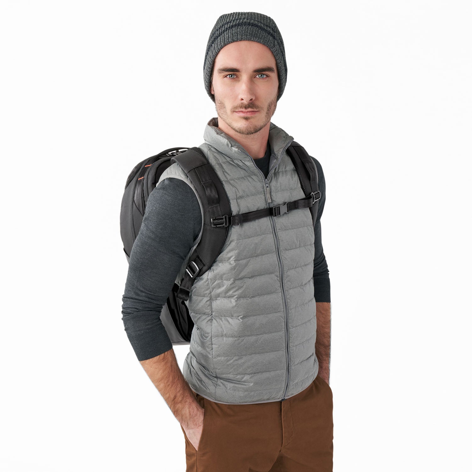 Briggs and Riley ZDX Cargo Backpack On Person front view